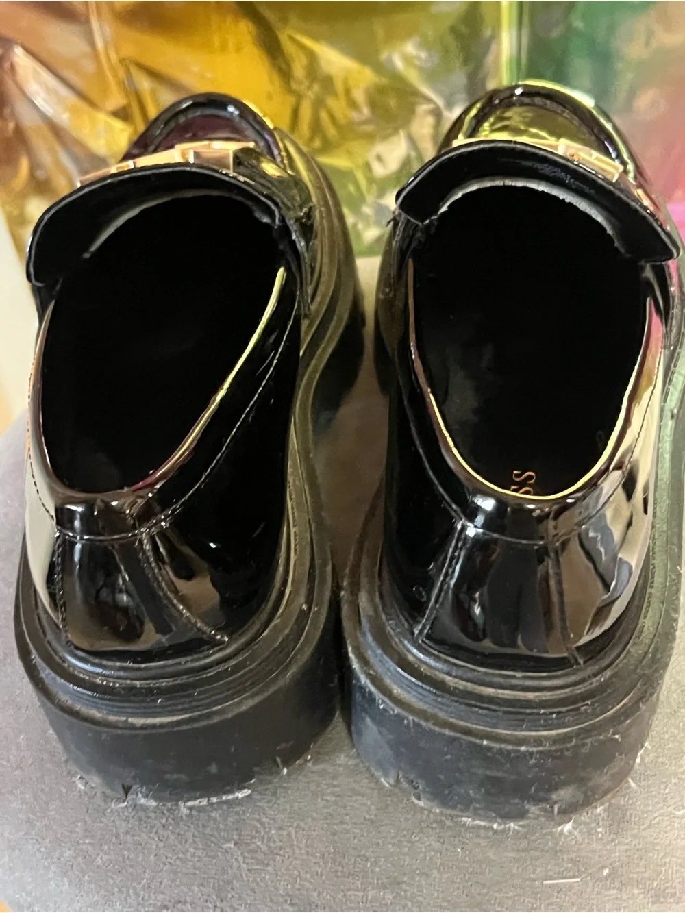 Guess Black Patent Leather Chunky Loafers with Gold Hardware